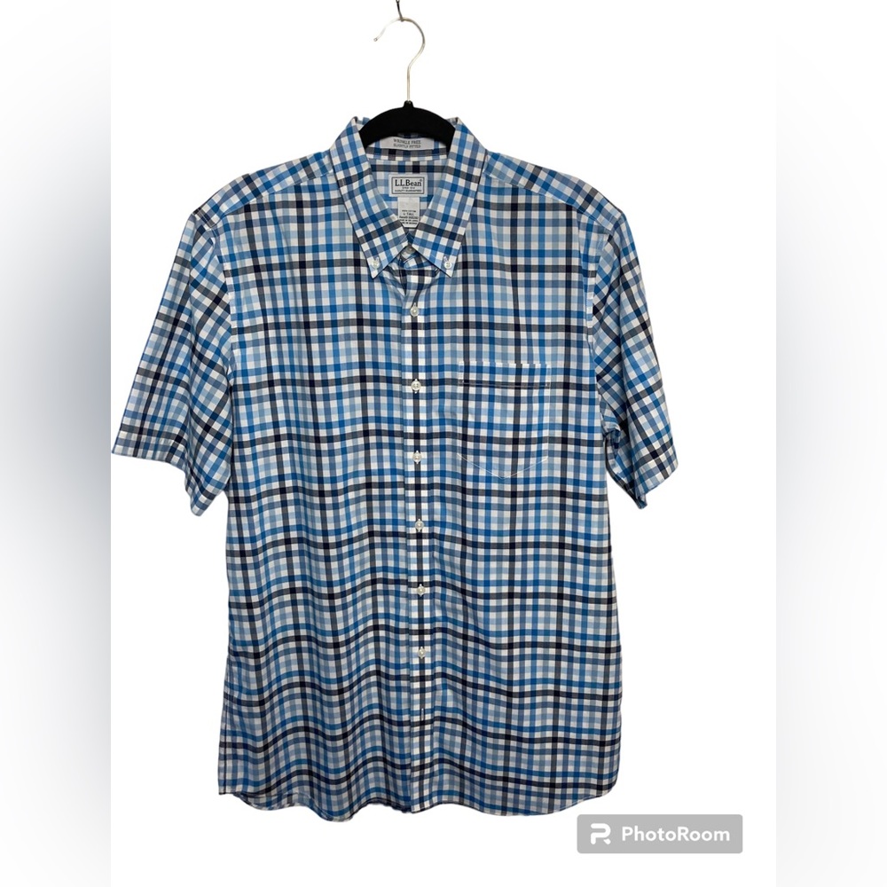 L.L. Bean blue plaid short sleeve button down shirt. Large Tall